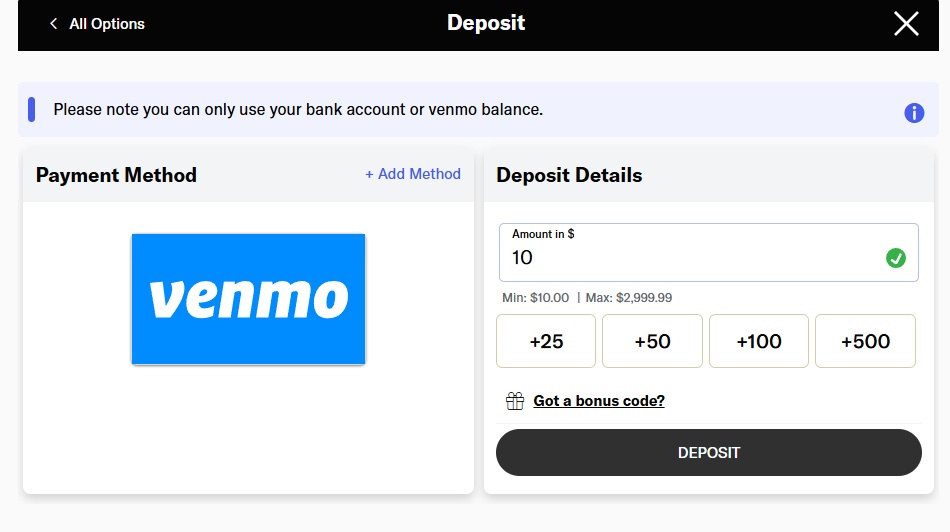 Deposit page with Venmo selected and an amount field set to $10.